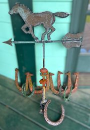 Vintage Horse Weather Vane And Iron Horseshoes