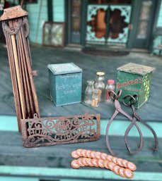 Fun Collection Of Vintage Milk Boxes, Bottles, Ice Tongs, Clothes Rack And Sign