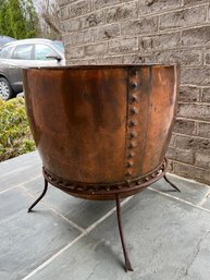 Rare Antique Large Riveted Copper Couldron Or Planter In Iron Stand