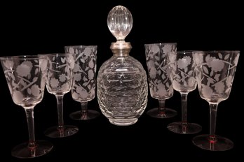 Beautiful Vintage Crystal Decanter W/sterling Neck & 1950's Etched Glasses W/red Bottoms!!