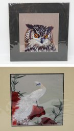 Two Handmade Chinese Silk Embrodery Owl And Peacock- Shippable