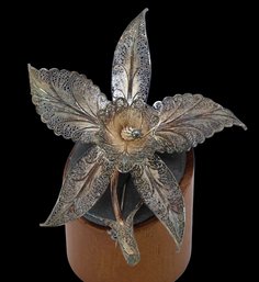 Vintage Sterling Silver Portugal Orchid Filigree Brooch - Shippable