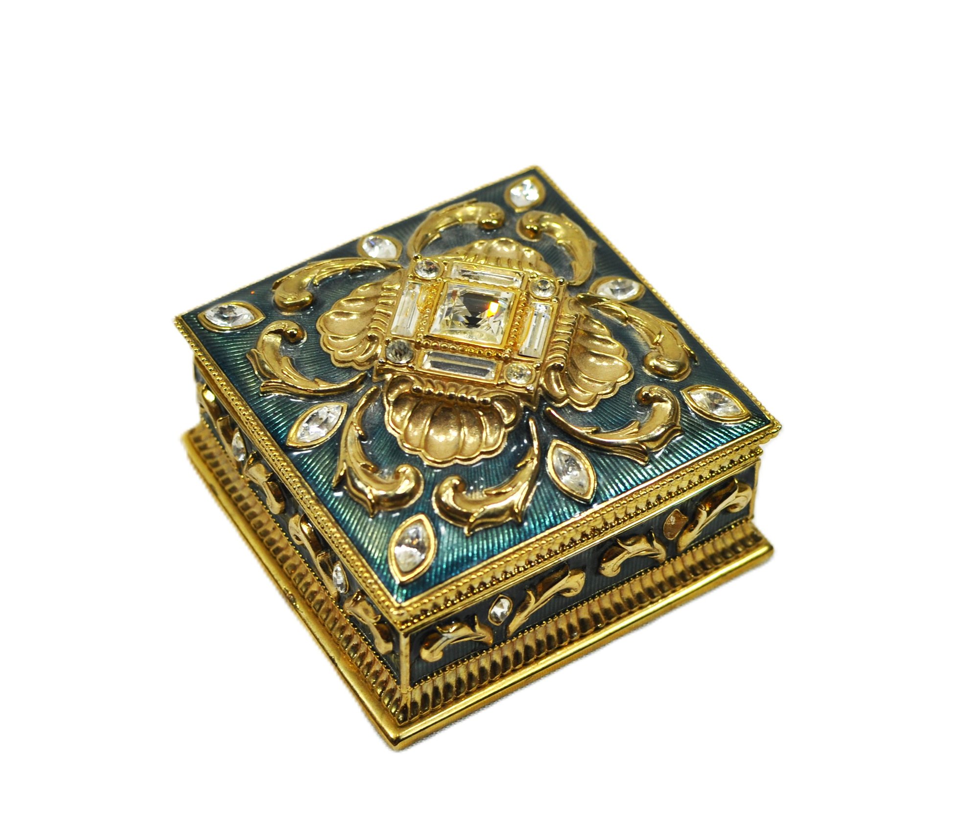 WENDY REED Caroline Trinket Box Green Enamel 22K Gold & Crystals #1468 ...