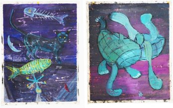 Lot 2 Original Unidentified Surrealist Paintings On Canvas – Cat, Fish & Abstract Figure