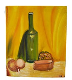 Modern Still Life With Bottle, Cheese & Fruit  Oil On Board, Initialed LNH