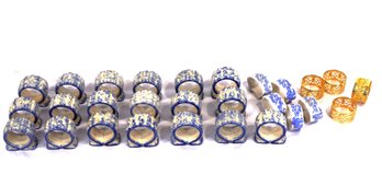 Collection 28 Vintage Napkin Rings  Spongeware, Blue Floral & Filigree Brass