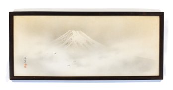Vintage Japanese Mount Fuji Landscape Painting On Paper, Signed & Framed