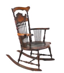 Antique Pressed Back Oak Rocking Chair With Embossed Seat