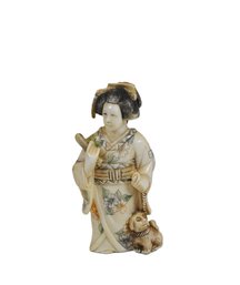 Antique Japanese Carved Figure Woman With Dog - Signed