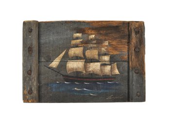 Rustic Folk Art Painted Ship On Plank Wood Board, Signed