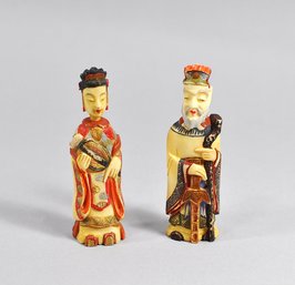 Pair Antique Asian Carved Polychrome Emperor & Empress Snuff Bottles