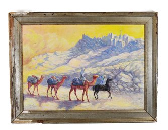 Vintage Orientalist Desert Caravan Scene With Camels & Rider - Oil On Board, Signed