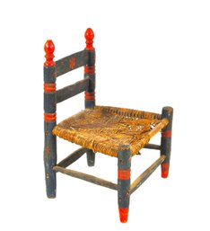 Antique Hand-Painted Folk Art Childs Chair With Woven Rush Seat