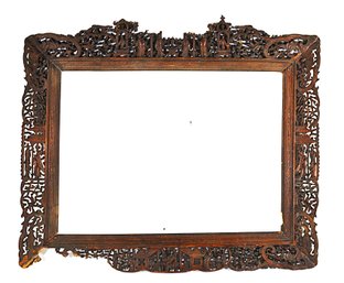 Antique Chinese Carved Hardwood Mirror Frame With Figural Landscape Motifs For Restoration