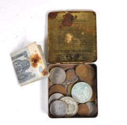 Collection Of Old Foreign Coins In Tin Box