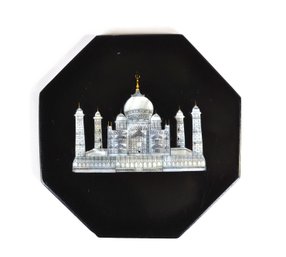 Vintage Black Marble Inlaid Mother Of Pearl Plaque With TAJ MAHAL