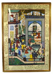 Large Vintage Indo-Persian Mughal-Style Court Scene Painting
