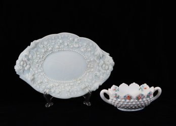 Fostoria Jenny Lind Milk Glass Dresser Tray & Hand-Painted Fenton Hobnail Bowl
