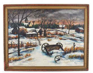 Cartee (American, 20th Century) Winter Farmstead With Overturned Wagon, 1945