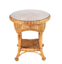 Vintage Round Wicker Side Table With Glass Top And Lower Shelf