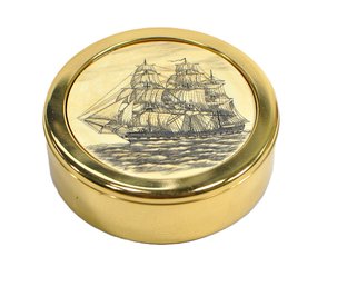 Vintage Carved Scrimshaw-style Sailing Ship Brass Desk Paperweight - Signed