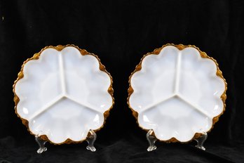 Pair Of Vintage Milk Glass Divided Plates With Gold Trim