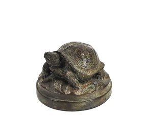 Small Antique Bronze Turtle Desk Sculpture - Signed