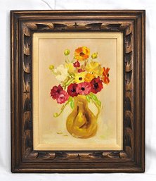 Vintage 1968 Signed Floral Still Life Oil Painting On Canvas In Carved Wooden Frame