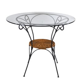 Vintage Wrought Iron & Glass Round Accent Table With Wicker Shelf