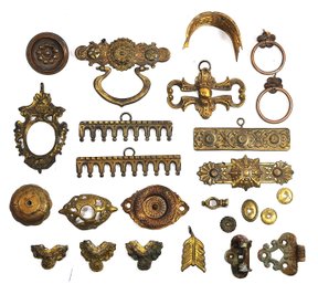 Large Lot Antique Brass Furniture Hardware -  Drawer Pulls, Escutcheons, Mounts & Hooks