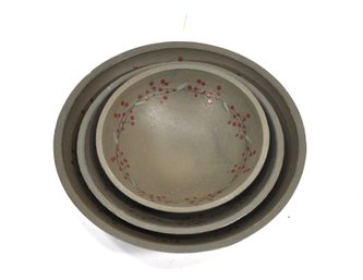 Signed D. White Hand-Turned Wooden Nesting Bowls (Set Of 3) With Painted Berry Decoration