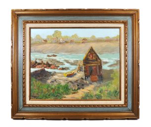 Attrib. George L. Morris (1890-1983) Coastal Harbor Oil Painting - Boathouse & Rowboats