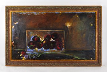 Signed Modernist Still Life Oil Painting Of Cherries In Glass Dish