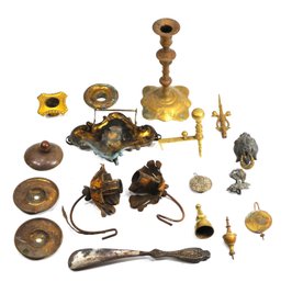 Antique Decorative Metal Lot  Lion Head Pull, Candlesticks, Ornaments