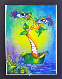 Vintage Surrealist Botanical Creature Painting With Eyes  Signed