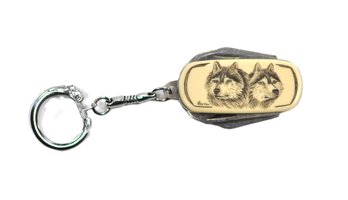 Small Multi-tool Keychain Knife Scrimshaw- Style Carved Wolfs - Signed