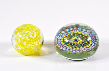 Two Vintage Art Glass Paperweights - Millefiori & Yellow Confetti
