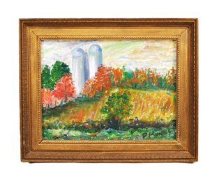 Signed D. Munroe Autumn Farm Landscape Oil Painting With Silos In Gilt Frame