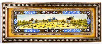 Antique Persian Miniature Painting Polo Game - Wooden Frame With Geometric Inlay
