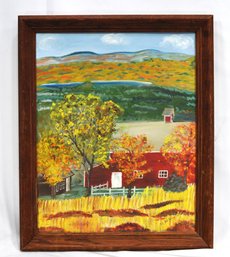 Mary Barclay Autumn Farm Landscape Oil On Canvas Board, 1974