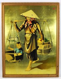Large Vintage Vietnamese Reverse Glass Painting On Gold Foil- Signed
