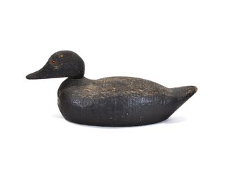 Early Vintage Hand-Carved Wooden Duck Decoy, Black Painted Surface