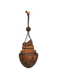 Antique Chinese Carved Boxwood Hanging Tobacco Container With Foo Dog