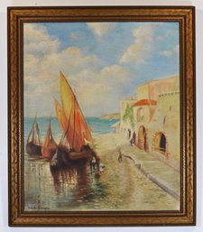 Isabelle Cunningham (20th Century)  Mediterranean Coastal Scene With Sailboats, Oil Painting
