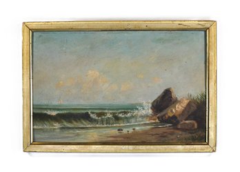 Antique 19th Century Coastal Seascape With Rocks And Breaking Waves