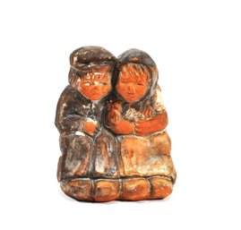 Small Vintage Terracotta Folk Art  Sculpture - Embracing Couple, Signed