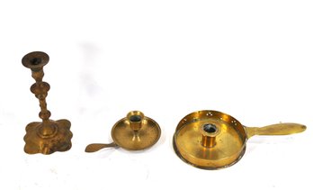 Group Of Three Antique Brass Chambersticks & Candlestick Holders