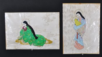 Pair Japanese Madonna And Child Silk Needlework  By Carmelite Nuns Of Tokyo