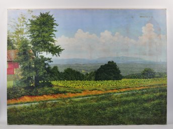 Large Vintage Landscape Print On Canvas  Signed In Plate