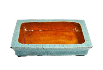 Antique Asian Crackle-Glazed Pottery Tray  - Turquoise Ground With Amber Well